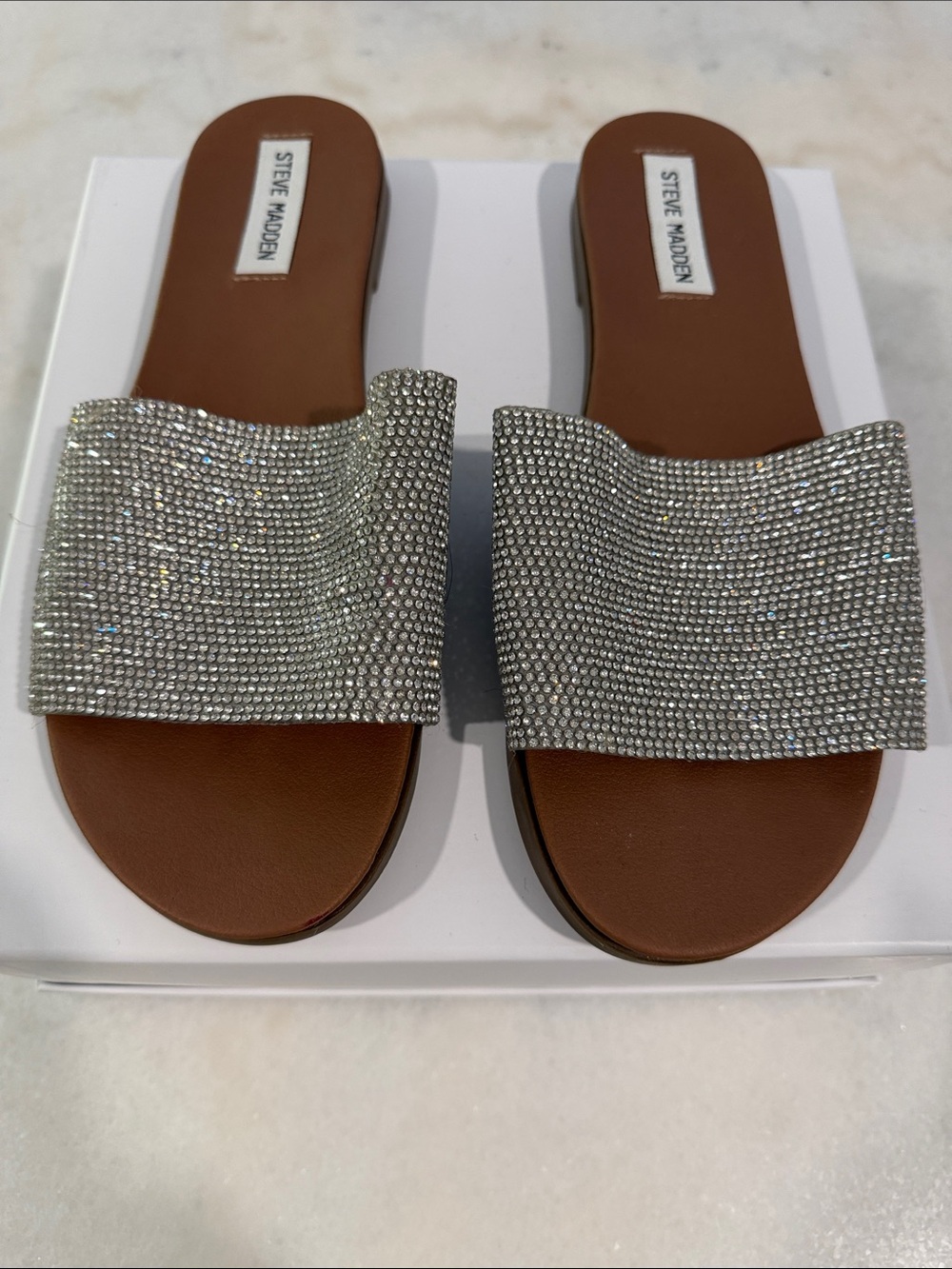 Steve Madden Silver Crystal-Embellished Slide Sandals 8.5